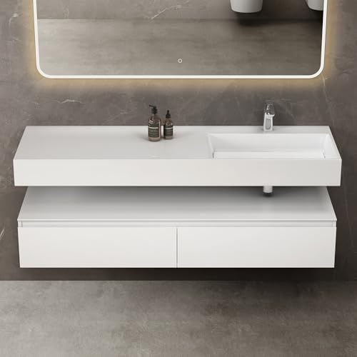 doporro Badmöbel-Set Unterschrank 150x48x25cm mit Waschbecken Weiß matt | Wandhängendes Badmöbel-Set mit Mineralguss-Waschbecken in Weiß Matt, LED-Spiegel & Soft-Close – großzügig, 150x48x25cm UP