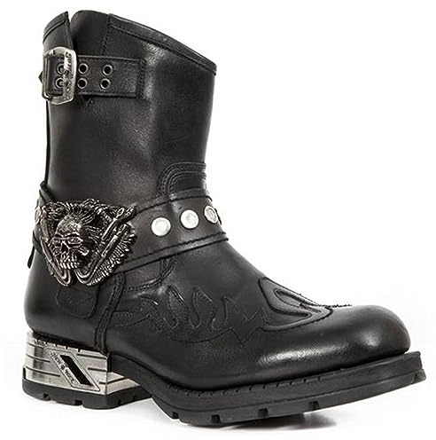 Stivali da Cavaliere da Uomo Stivali da Motociclista Stivali da Equitazione Corti, Stivali Steampunk medievali in Pelle PU con Decorazione a Teschio, Scarpe da Stivali da Cowboy,Nero,42 EU