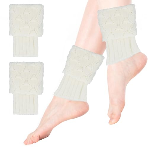 ALLY-MAGIC Warme Beinstulpen für Damen, Winter, weich, gestrickt, gedreht, Stiefelstulpen, Topper, Socken, Slouch-Knopf-Design, kurze Knöchelwärmer für Mädchen, Damen, Erwachsene, Y7FKWT, weiß, 1