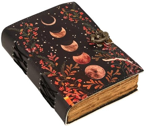 AH AMYRA HANDICRAFT Leeres Zauberbuch der Schatten, Tagebuch mit Verschluss, handgefertigt, Vintage-Leder-Tagebuch, Mondphasen-Druck, Tagebuch, Gebet, heidnische Hexerei, Zubehör,