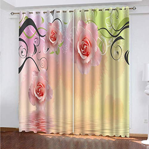 MAYNUO Blickdichte Vorhänge Mit Motiv 3D Rosa Rosenranke Kinder Gardinen Blickdicht Ösen Gardine Thermo 264x214 cm Schlafzimmer Kinderzimmer Vorhänge Dekoratives Muster, Verdunklungsvorhänge
