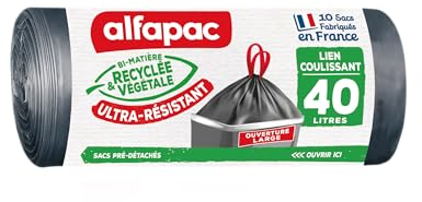 alfapac - 10 sacs-poubelle 40L à lien coulissant ultra-résistant - fabriqués en France - bi-matière recyclée & végétale