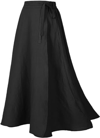 Women's Linen Wrap Skirt Casual Maxi Skirt Vintage A line Linen Skirt(Z2973BK,L)