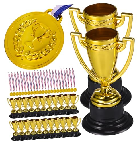 CORHAD Pokal und Medaillenset Kleiner 24 Stück Gold Kunststoff | Abschlussfeier, für Volleyball und Bowling, Leicht zu Tragen, Vielseitig Einsetzbar