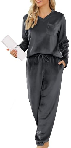 Lovasy Pigiama Donna in Pile Invernale Caldo Morbido e Confortevole | Pigiama a Maniche Lunghe con Scollo a V Set Pigiami Due Pezzi Leggero con Tasche