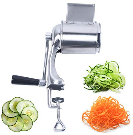 TONFEION Trommelreibe Handumdrehen, Edelstahl Manuelle Kartoffelreibe Gemüsehobel Küchenmaschine mit 5 Trommeln Ideal für Gurken, Käse und Nüsse, Karotten
