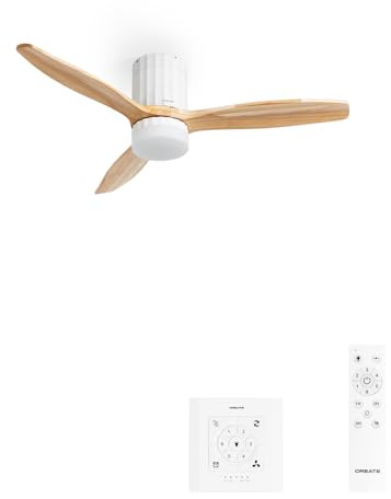 CREATE / WINDCALM LINE/Ventilador de techo con luz blanco madera natural y líneas verticales con controlador y mando / 40W, Ø132 cm, 3 temperaturas de luz, temporizador, función verano-invierno