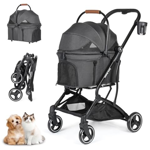 Beberoad T3 3-in-1 Pet Stroller Dog Pram for Small Medium Dogs Cats, Black | Foldable Pet Pram Dog Pushchair Detachable Carrier for Pets Under 44lbs, with Pad & Cup Holder, Beige