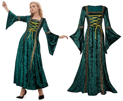 YORDET Mittelalter Kleidung Damen Renaissance Kleid Satin Retro Trompetenärmel Gothic Kleidung Viktorianisches Cosplay Prinzessin Kleidung HexenKostüm Gewand (Grün, M)