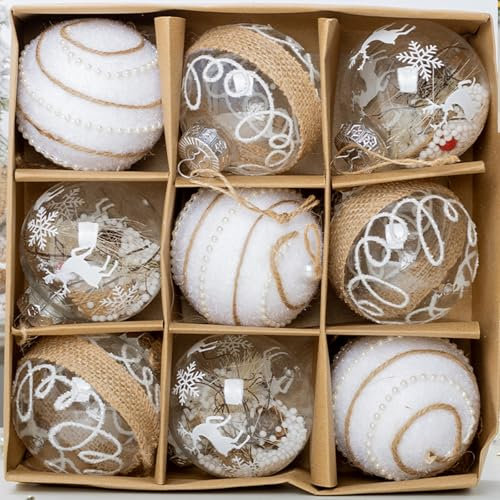 M&W DasDesign - Lot de 9 boules de Noël en plastique blanc - 8 cm - 3 designs - 3 accents dorés brillants