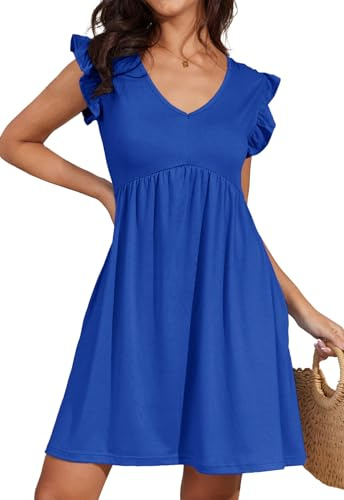 Alaster Queen Damenkleider Sommer Kleider für Damen Sundress Strandkleid Damen Tunika Kleid Babydoll A-Linie Hohe Taille Knielang V-Ausschnitt Kleid kurz mit Taschen,blau,XL