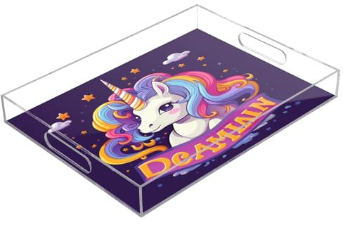 Purple Unicorn Star Acrylic Serving Trays, Clear Rectangular Tray with Handles Serving Platter for Coffee Table Kitchen Bathroom
