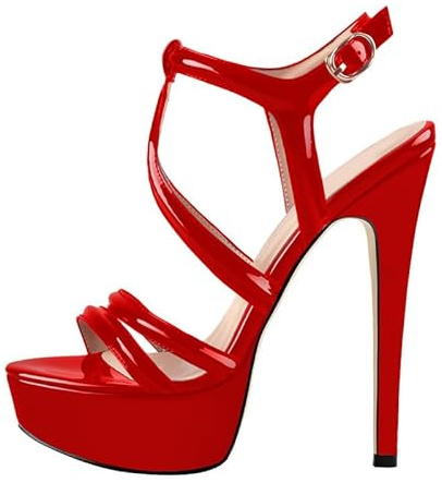 MissHeel Women's Open-back Stiletto Platform Sandals Crisscross Buckle Strap Open Toe High Heel T-strap Sandals Red Size 13