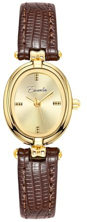 CARLIEN Womens Fashion Small Gold Oval Quartz Watches Vintage Leather Band Waterproof Luxury Casual Ladies Bracelet Wrist Watch Brown Black (Brown)