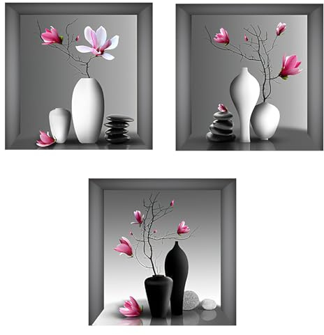 GDJIAJT 3 pegatinas de pared para sala de estar, jarrón de flores 3D, 30 x 30 cm, jarrón adhesivo de pared para salón, dormitorio, habitación infantil