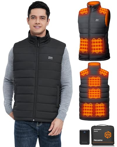 Gilet Riscaldato Hecusma per Uomini con Power Bank 16000mAh 7.4V, Gilet Riscaldato Uomo con 9 Zone di Riscaldamento Elettrico Leggero per Caccia Sci