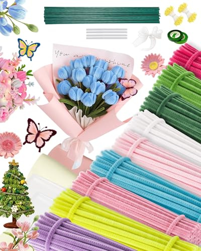 900 Stück Pfeifenreiniger Blumen Set (Pfeifenreiniger 9 Farben),Pfeifenputzer zum Basteln Blumen,Chenilledraht,pfeifenreiniger zum basteln,Pipe Cleaner,Bastel Set,Blumenstrauß DIY