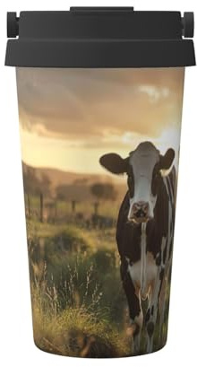 KAPPTYY Taza de café reutilizable con tapa con impresión de vaca lechera, taza de café de acero inoxidable para bebidas frías y calientes, regalo ideal