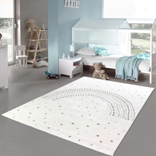 Teppich-Traum Kinderteppich Regenbogenmotiv Creme Bunt 140x200 cm | Bunte Bögen, Sterne, 3D-Hoch-Tief-Effekt, weicher Flor, pflegeleicht, strapazierfähig, OEKO-TEX, Kinderzimmer, Babyzimmer