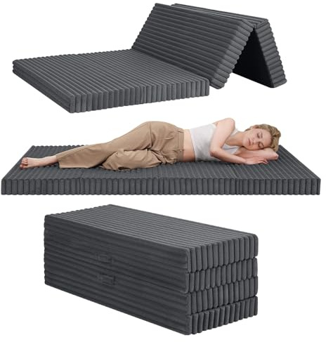 MeMoreCool Folding Floor Mattress 190x120cm, 4-Fold Foam Guest Bed, Grey | High Density Foam Foldable Mattress with Wide Stripe Washable Cover, Portable Futon Bed for Camping, Small Double