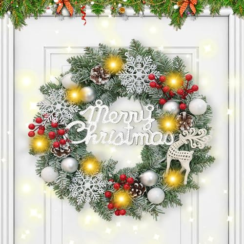 Weihnachtskranz Weihnachtsdeko, Türkranz Weihnachten mit 30 LEDs Lichter, Weihnachtsgirlande Kränze mit Kugeln, Weihnachten Haustür Kränze Weihnachtskranz für Weihnachtsdekoration (C/40CM)