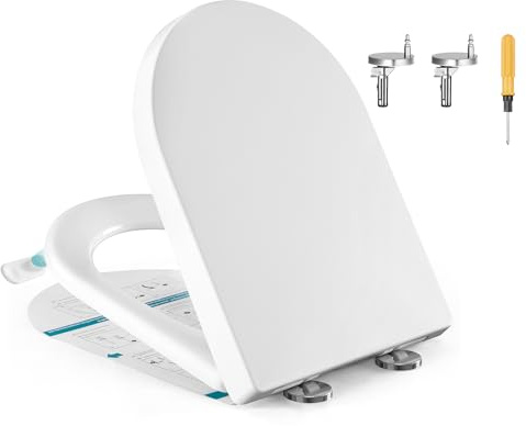 SONGMICS Tapa de WC en Forma de D Alargada, Cierre Suave, Asa, Extraíble con Clip, Tapa de Inodoro Universal, Montaje Fácil, Asiento de Plástico PP, Carga 300 kg, Blanco BTL003WZ01
