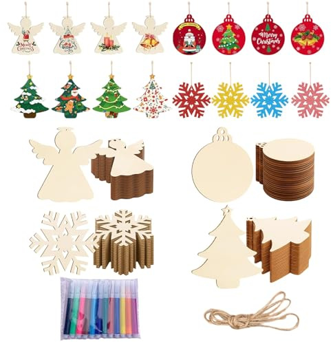92 Stück Weihnachtsanhänger, Holz Weihnachtsdekoration Set zum Basteln & DIY Weihnachten, Christbaumschmuck H0lz mit Malstiften für Kinder, Geschenkanhänger Weihnachten Holz