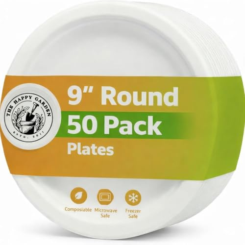 Strong Bagasse Paper Plates, 9 Inch Round (Pack of 50) | - Heavy Duty Disposable Plate, Eco Friendly Sugarcane Dishes, Compostable Party Plates, Microwave & Freezer Safe