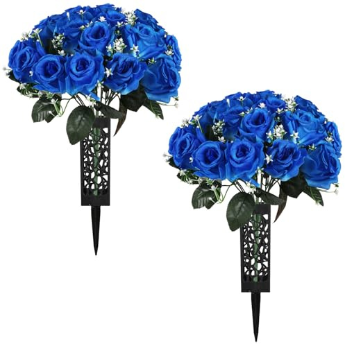 Hupiosy 2 Sets Artificial Cemetery Flowers for Grave, Outdoor Roses Funeral Flowers with Cemetery Vase, Memorial Flowers Arrangements Bouquet Vibrant and Long-Lasting Colors(Blue)