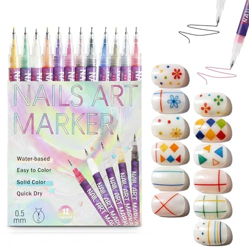 MLIYYBE 12 Colors Nail Art Pens Set, Nail Art Markers for Doodle, 0.5 MM Acrylic Nails Polish Pens for Painting Nails Dotting Point & Liner, Waterproof Quick-drying Manicure Tool for Home & Salon