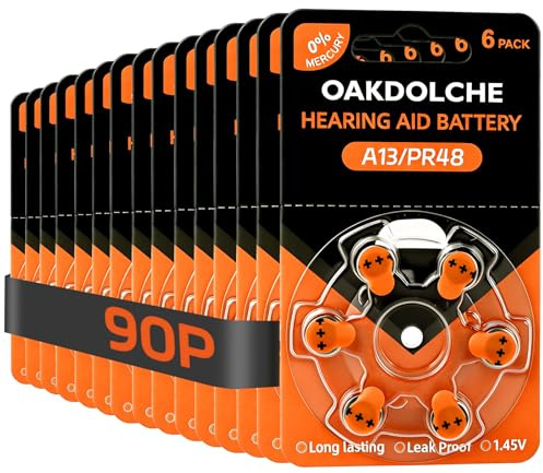 OAKDOLCHE Hearing Aid Batteries Size 13, 90 Count, Mercury Free Zinc Air, 1.4V Long Lasting & Easy to Open
