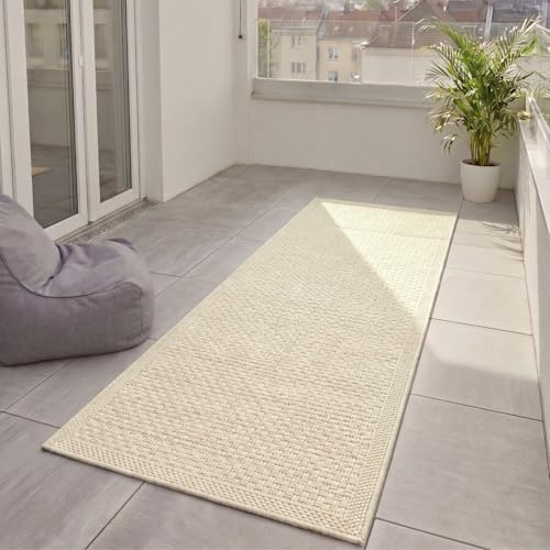 benuta Basic In- & Outdoor Teppich Wohnzimmer Iowa - Creme 80x300 cm - Boho Jute-Look wetterfest für Balkon, Terrasse - Schlafzimmer, Küchenteppich & Wohnzimmerteppich - Strapazierfähig & Robust