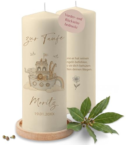 Taufkerze - Zur Taufe - Süße Tiere in Arche mit Name und Datum - personalisiertes Geschenk - 230/78 mm - Elfenbein