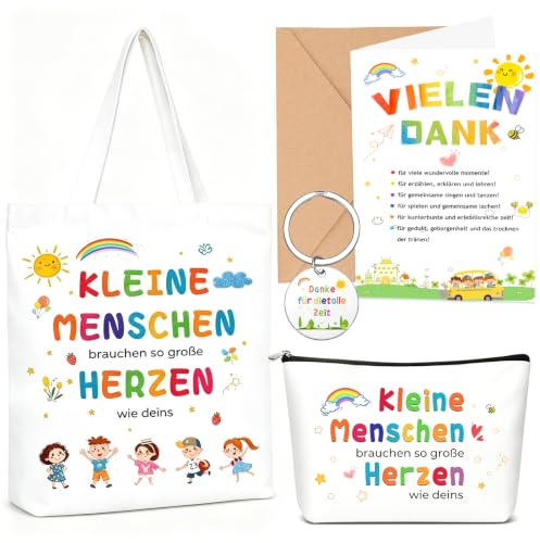 YYSWSAKY 4 Stück Erzieherin Geschenk, Abschiedsgeschenk Kita Erzieher | Dankeschön Erzieherin Geschenkset Baumwolltaschen Kosmetiktaschen Schlüsselanhänger Dankeskarte Umschlag, Geschenk Abschied