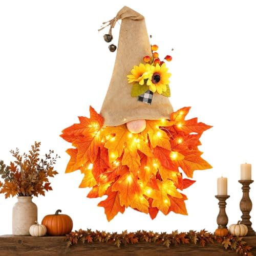 Gnome-kransar för ytterdörren lantlig dekoration krans för | Höstkrans med spetshattgnom och lönnblad för Thanksgiving, halloween, högtidsfester, entréer,