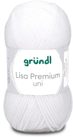 Gründl Lisa Premium Uni Strick- & Häkelgarn (weicher und wollartiger Charakter, pflegeleichtes waschbares Strickgarn aus 100% Polyacryl, 50 g/ 133 m, Nadelstärke: 3,5 - 4,5, 1 Knäuel á 50 g), Weiß