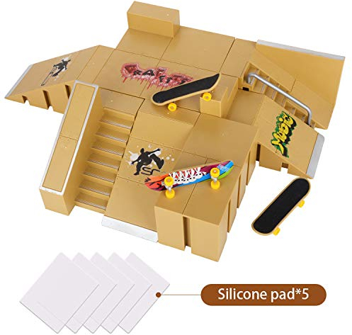 Kidshobby Finger Skateboard Park, 8pcs Skate Park Kit Ramp Parts, Mini Fingerboard Rails Starter Kit with 3 fingerboards & 5 Silicone Mat Set.