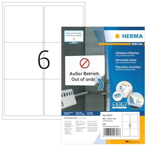 HERMA 10317 Universal Etiketten blickdicht ablösbar, 100 Blatt, 99,1 x 93,1 mm, 6 pro A4 Bogen, 600 Stück, selbstklebend, bedruckbar, matt, blanko Papier Klebeetiketten Aufkleber, weiß