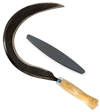 Mondsichel - Sense für Linkshänder inkl. gratis Schleifstein - mit Eschenholzstiel - Gartenhilfe - Sichelmesser rund - Handgeschmiedet in Deutschland