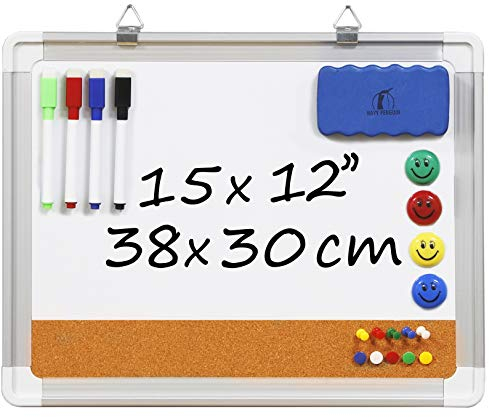Whiteboard Pinnwand Set - Magnettafel/Korkwand 38x30cm mit 1 magnetischem Schwamm, 4 Stifte, 4 Magnete und 10 Reißnägel - Kleine Kombitafel White Board Korkpinnwand