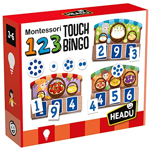 Headu 1041750-123 Montessori Touch Bingo, Kinder Lernspiel- Zahlen und Mengen Lernen