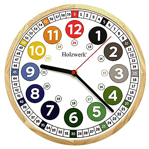 Holzwerk Germany Öko Natur Kinder-Wanduhr Kinder Jungen Mädchen aus Holz lautloses Uhrwerk ohne Ticken tickgeräusche lautlos 24,7 cm Durchmesser Bunt Braun Grün Rot Grau Blau Weiß