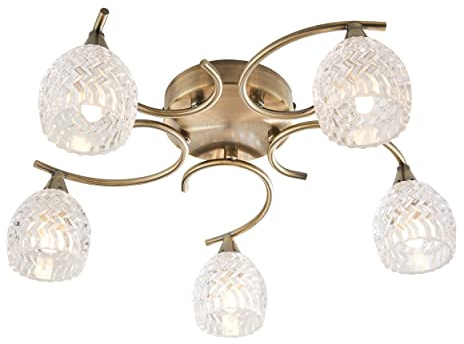 National Lighting Reagan Decorative Antique Brass Curved Arm Semi Flush Ceiling Light with 5 Patterned Cut Glass Shades