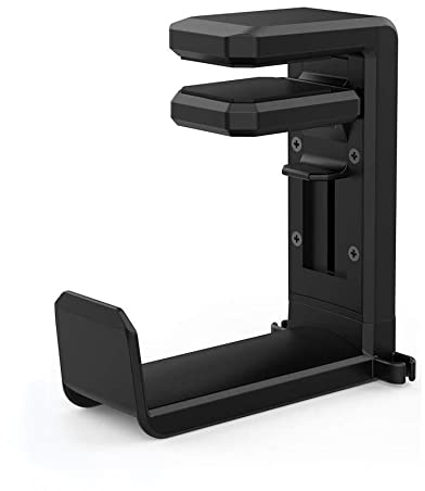 EURPMASK Headphone Stand Earphone Desk Hanger PC Gaming Headset Stand Hook Holder Spring-loaded Clamp Soft Rubber Cable Clip 360 Degree Swivel Built in Cable Clip Organizer - Black