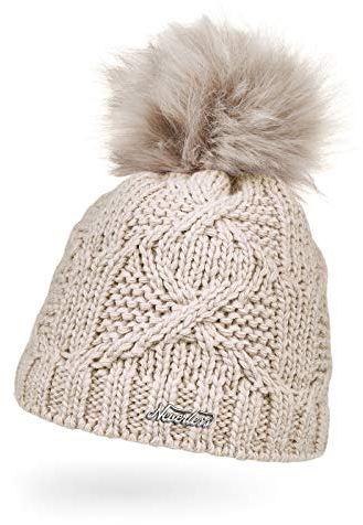 Neverless® Damen Strick-Mütze gefüttert Fleecefutter Fell-Bommel Kunstfell Winter-Mütze Zopfstrick Bommelmütze Beige Unisize