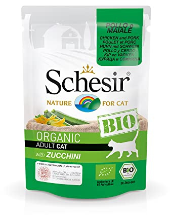 Schesir BIO, Alimento Umido Completo per Gatti, Patè di Pollo e Maiale con Zucchine, Senza Cereali, in Busta, Gluten Free, 16 x 85 g