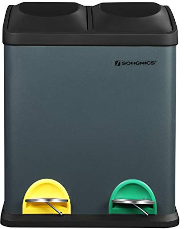 SONGMICS Cubo de basura de 30 litros, 2 x 15 litros, cubo de basura con pedal interior, pedales de colores, sistema de separación de residuos para la cocina, gris ahumado y negro LTB30G