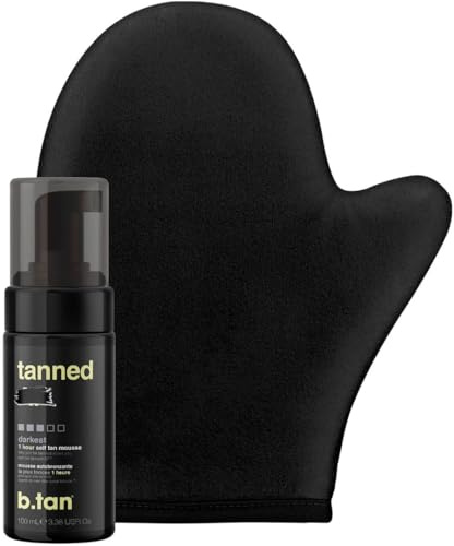 b.tan Travel Size Dark Self Tanner Kit | Get Tanned Mini Bundle - Dark Fake Tanning Mousse with Mitt Applicator, 1 Hour Express Sunless Foam, Best Fast Bronzing Glow, Vegan, Cruelty Free, 3 Fl Oz