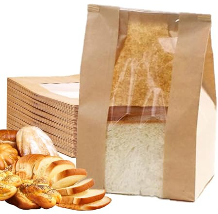 DZOZO 50 bolsas de embalaje de pan de papel kraft para tostadas, bolsas de papel de embalaje de alimentos, bolsas de galletas con ventana sellable para dulces, pan (33 cm x 16 cm x 11 cm)