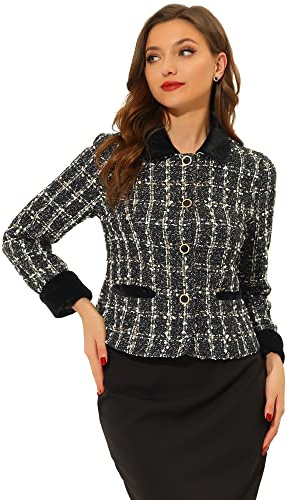 Allegra K Disfraz de navidad Chaqueta Blazer De Tweed Con Cuello De Vevelt Elegante Para Mujer Negro XL